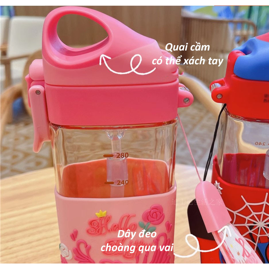 Mới Chính Hãng Sanrio - Bình nước Kitty/Captain/Spiderman nhựa PPSU cao cấp 280ml có quai và dây đeo, Bình nước đi học