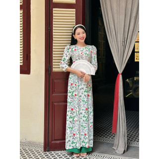 Áo dài hoa nhí xanh - nhí đen thiết kế tay bồng xinh xắn