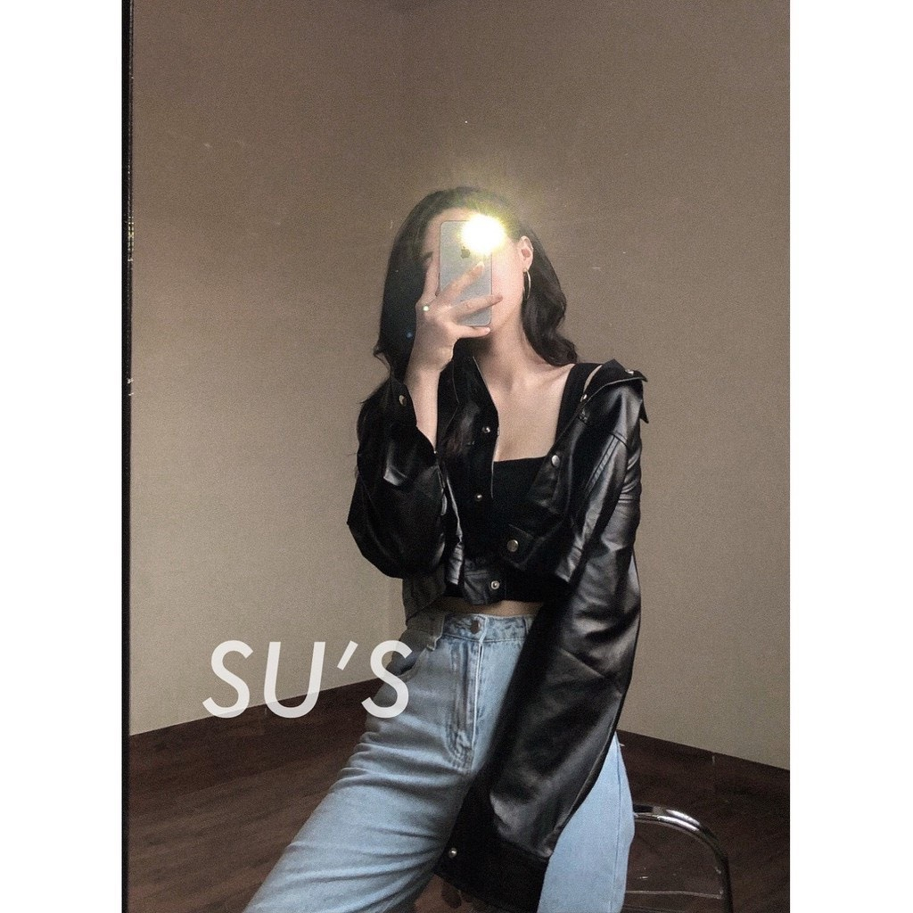Áo khoác da dáng ngắn màu đen basic