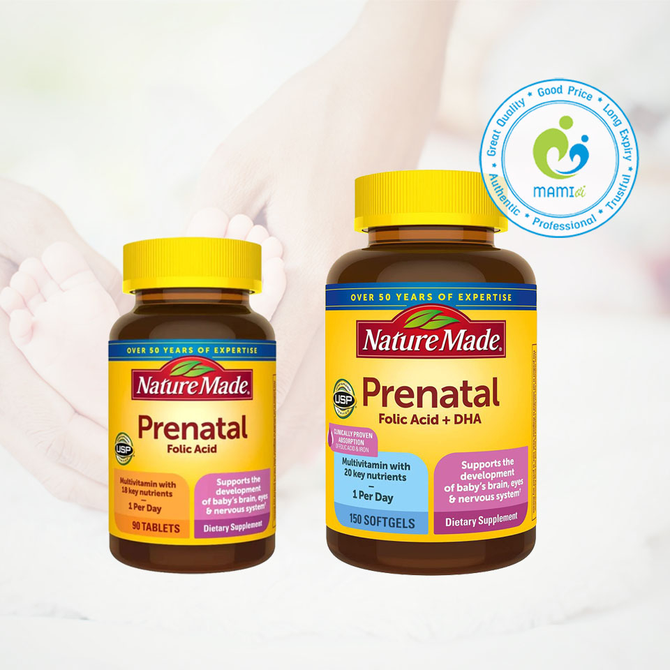 Vitamin tổng hợp bầu Mỹ  bổ sung dinh dưỡng, DHA cho mẹ bầu và sau sinh Nature Made Prenatal Multi + DHA, USA