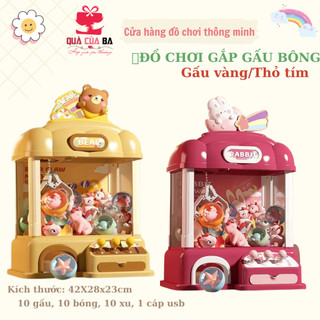 Máy gắp gấu bông mini gấu vàng và thỏ tím, có đèn và nhạc vui nhộn