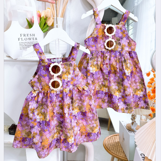 Váy bé gái công chúa 2 dây họa tiết hoa 3D sắc nét cho bé từ 8-25kg