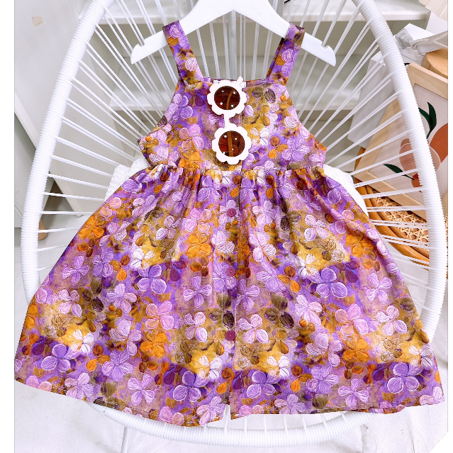 Váy bé gái công chúa 2 dây họa tiết hoa 3D sắc nét cho bé từ 8-25kg