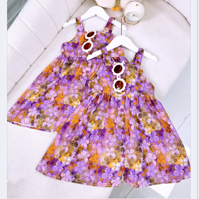Váy bé gái công chúa 2 dây họa tiết hoa 3D sắc nét cho bé từ 8-25kg