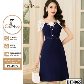 Đầm công sở CITI MODE FASHION thiết kế dáng xoè A xanh phối voan đính hoa ngực DH4065