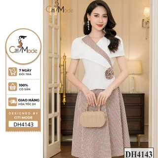 Đầm công sở citi mode fashion thiết kế dáng xoè xoè peplum trắng phối chân váy kẻ caro dh4143