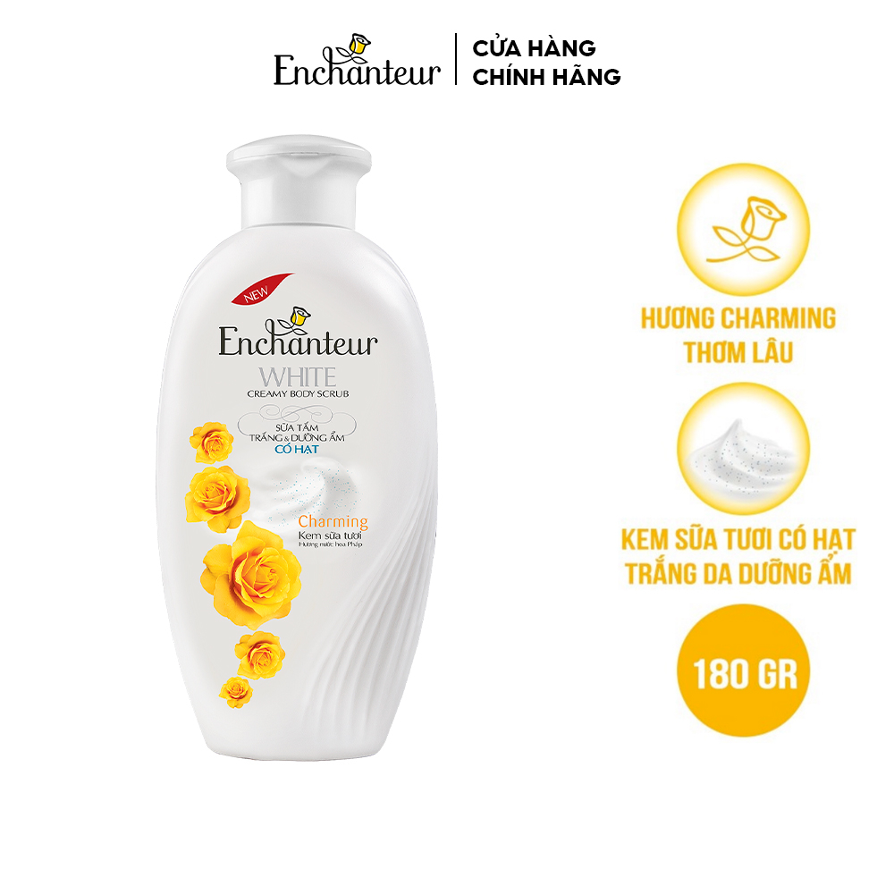 Sữa tắm trắng và dưỡng ẩm có hạt Enchanteur Charming white creamy body scrub 180gr