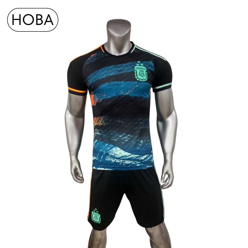 Bộ quần áo bóng đá đồ đá banh Argentina xanh cam vải thun lạnh cao cấp