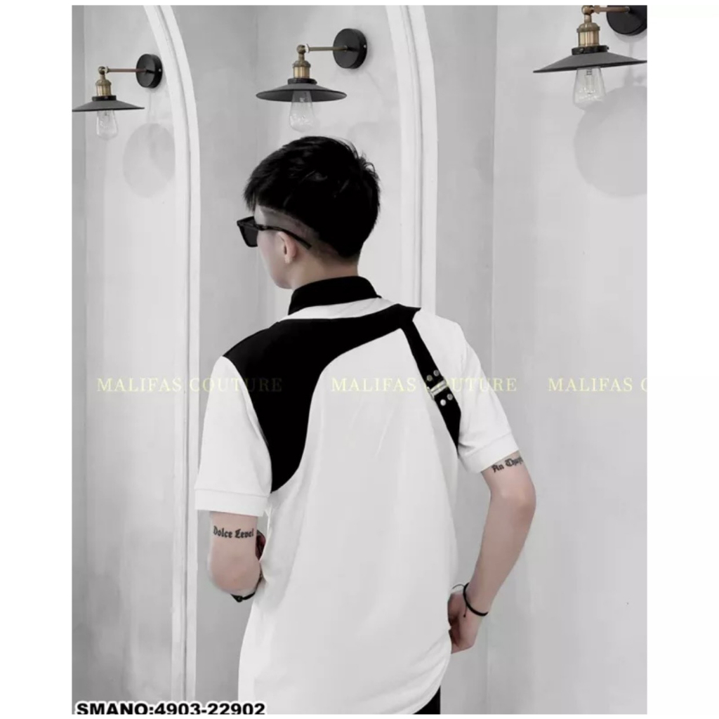 Áo Polo Nam Trắng Cổ Đen Dây Đai Lưng Vải Cotton Cao Cấp