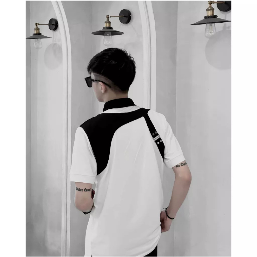 Áo Polo Nam Trắng Cổ Đen Dây Đai Lưng Vải Cotton Cao Cấp