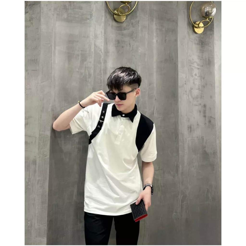 Áo Polo Nam Trắng Cổ Đen Dây Đai Lưng Vải Cotton Cao Cấp