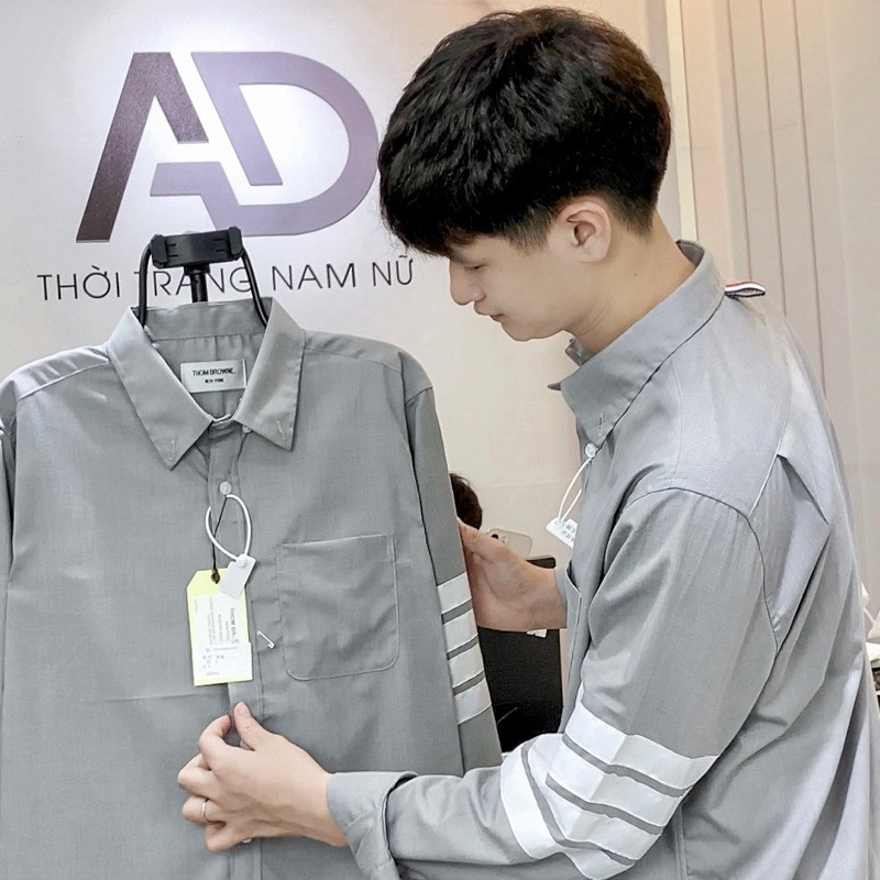Áo Sơ Mi Thom Xám Trơn Dài Tay 4 Sọc Vải Cotton Cao Cấp