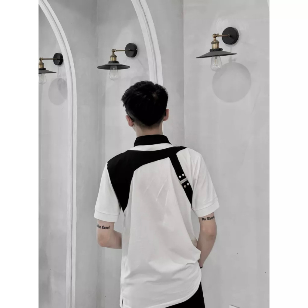 Áo Polo Nam Trắng Cổ Đen Dây Đai Lưng Vải Cotton Cao Cấp