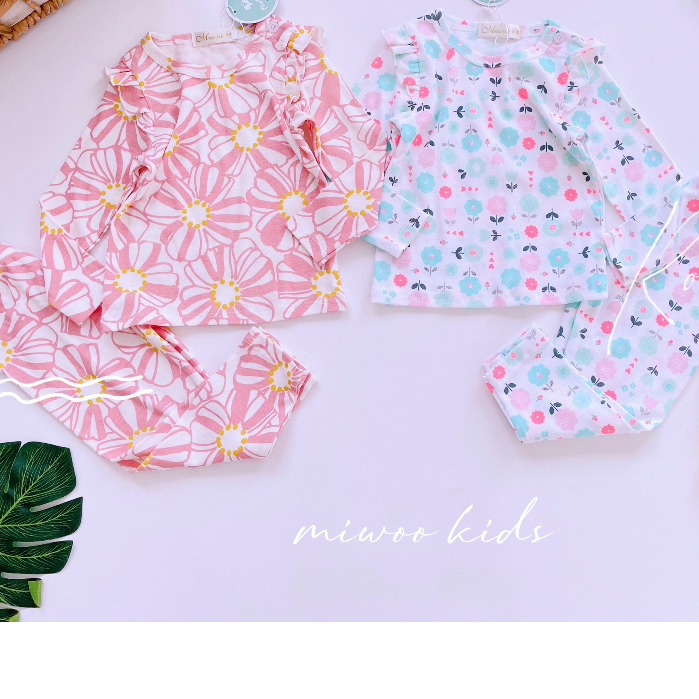 Bộ Thun Cotton Dài Tay Bèo Vai Mặc Nhà Bé Gái