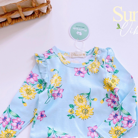 Bộ Thun Cotton Dài Tay Bèo Vai Mặc Nhà Bé Gái