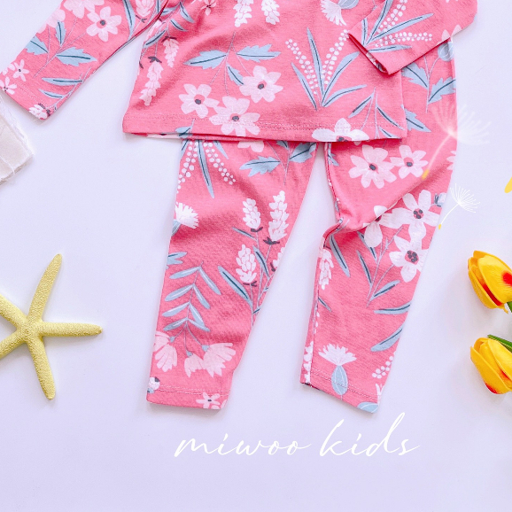 Bộ Thun Cotton Dài Tay Bèo Vai Mặc Nhà Bé Gái
