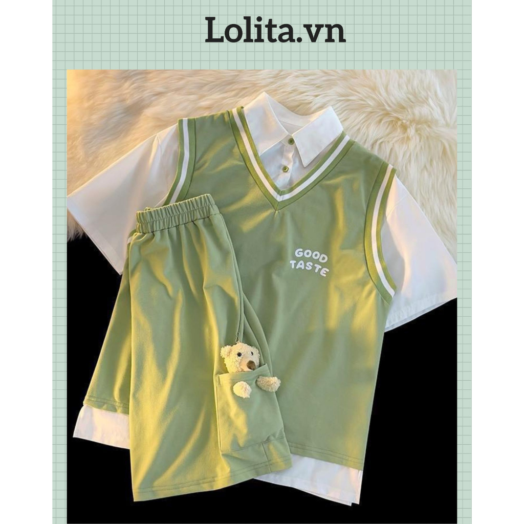Set áo thun polo phối quần short màu xanh lá in hình gấu phong cách Hàn Quốc cao cấp