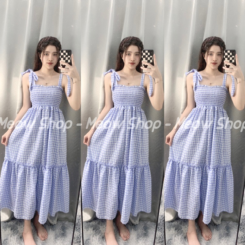 Đầm Maxi Kẻ Sọc Caro 2 Dây Cột Nơ Dáng Rộng kèm ảnh thật