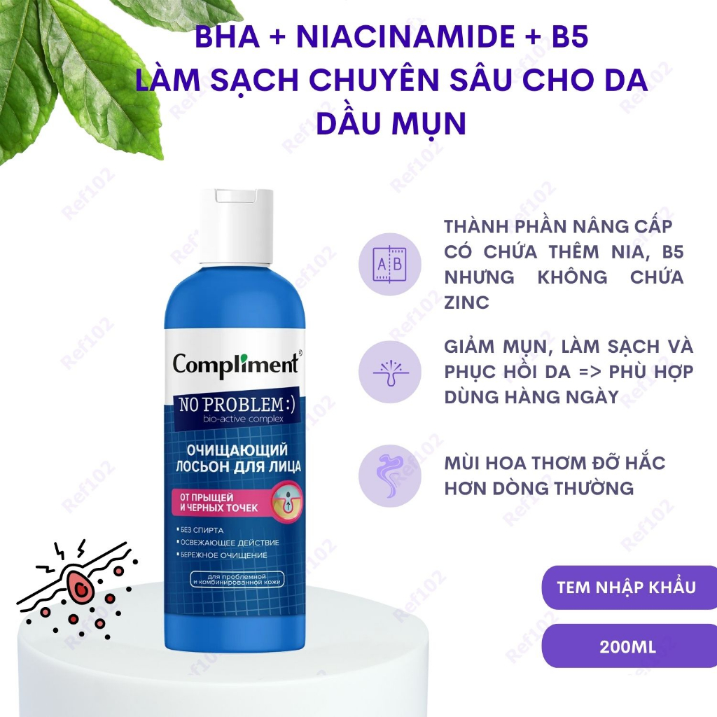 Toner BHA Compliment No Problem TRÀM TRÀ VÀ 3IN1 Chứa BHA Salicylic Acid Làm Sạch Da Kiềm Dầu Giảm Mụn 200ml