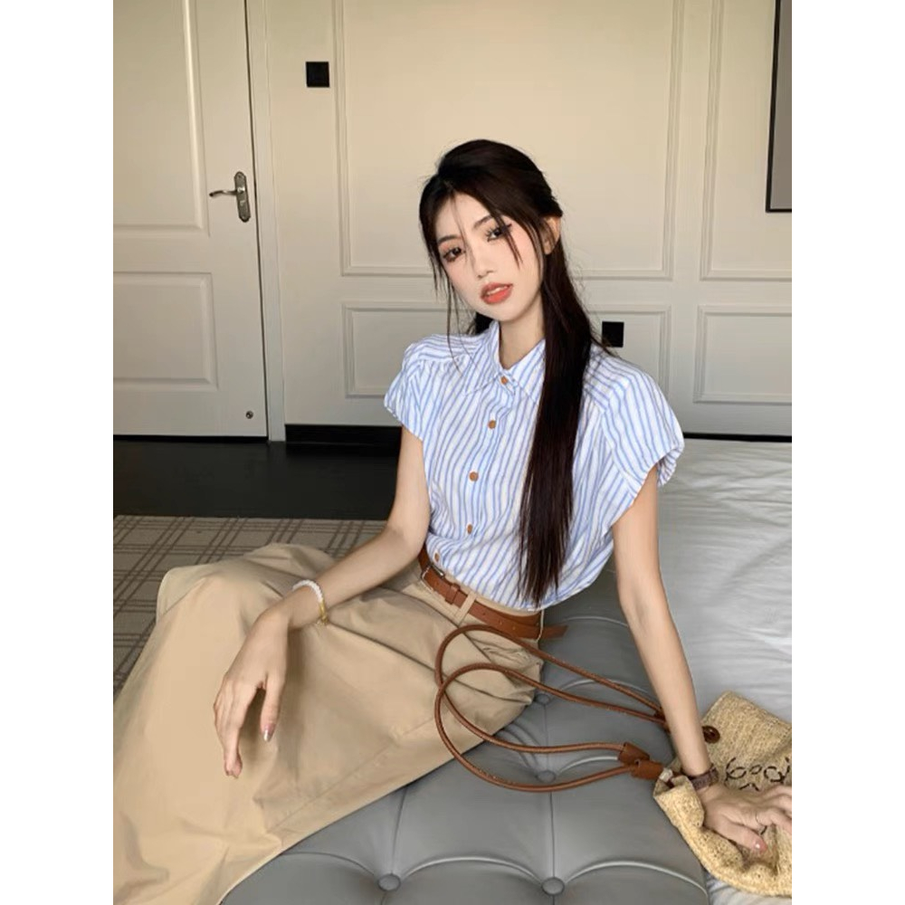 SET SƠ MI SỌC XANH + CHÂN VÁY MIDI NÂU KÈM NỊT