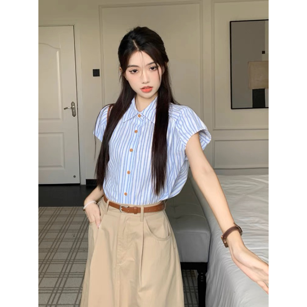 SET SƠ MI SỌC XANH + CHÂN VÁY MIDI NÂU KÈM NỊT