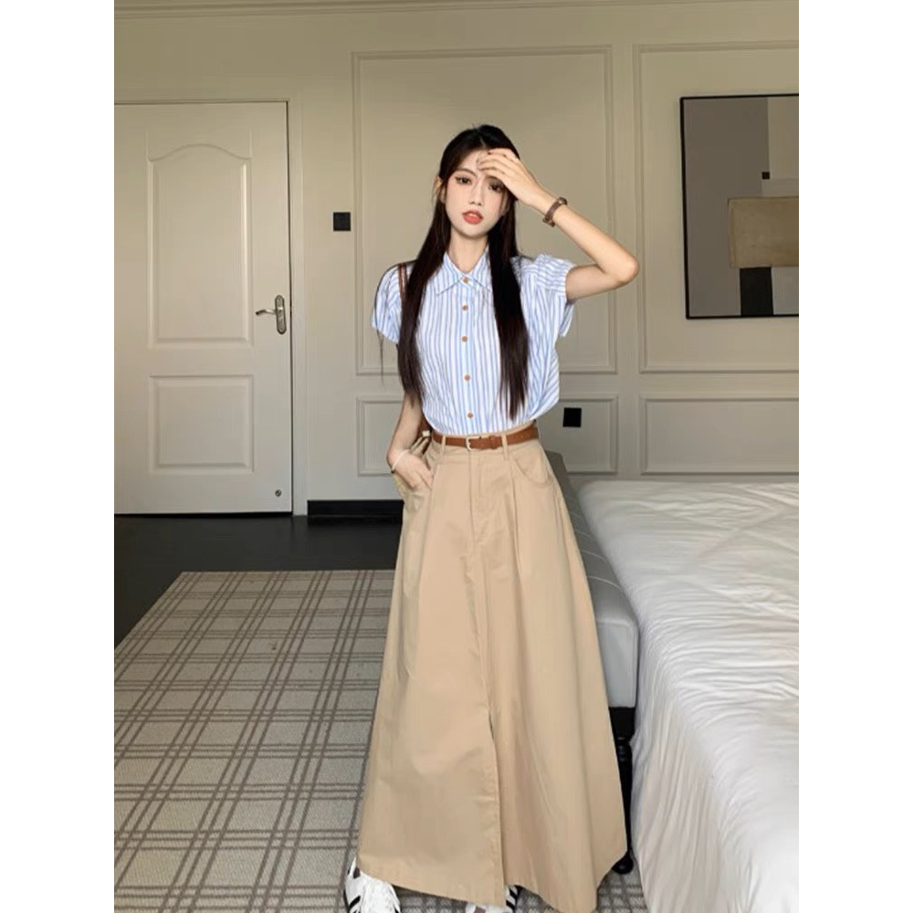 SET SƠ MI SỌC XANH + CHÂN VÁY MIDI NÂU KÈM NỊT