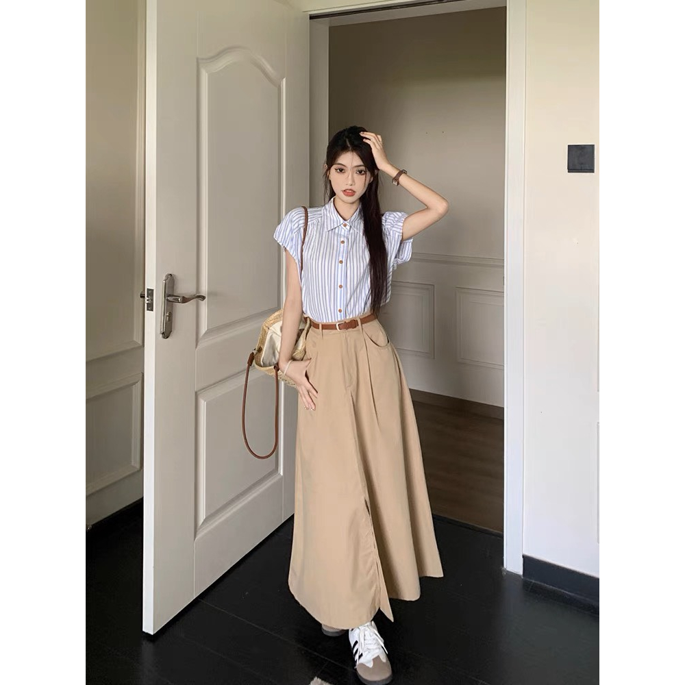 SET SƠ MI SỌC XANH + CHÂN VÁY MIDI NÂU KÈM NỊT