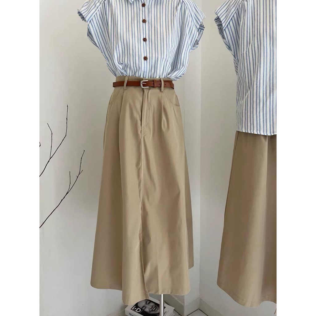 SET SƠ MI SỌC XANH + CHÂN VÁY MIDI NÂU KÈM NỊT