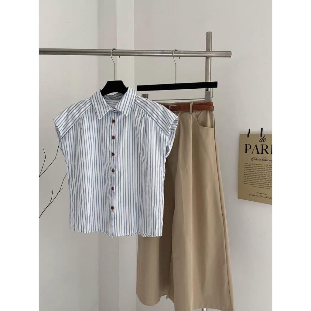 SET SƠ MI SỌC XANH + CHÂN VÁY MIDI NÂU KÈM NỊT