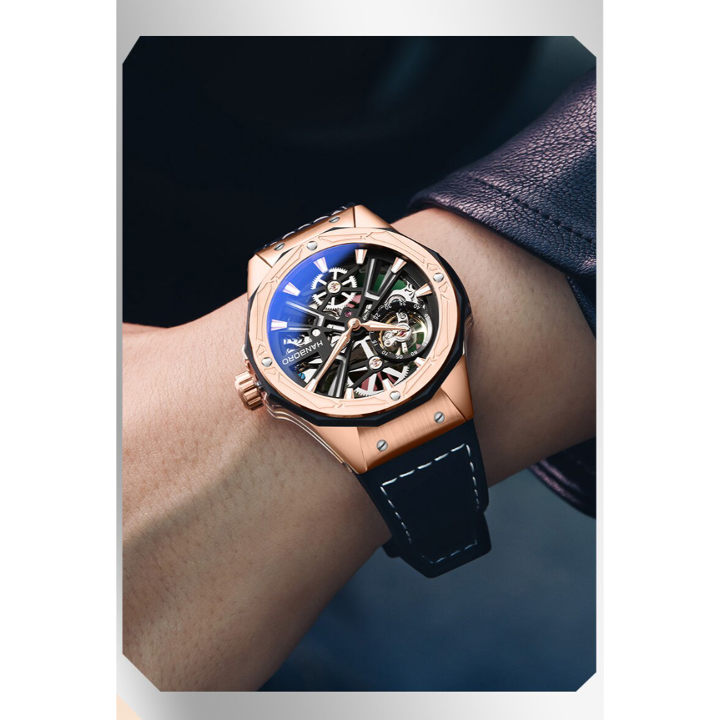 Đồng Hồ Nam Hanboro HBR 918 Rose Gold - Dây Da Lót Cao Su , Máy Automatic , Size 44mm