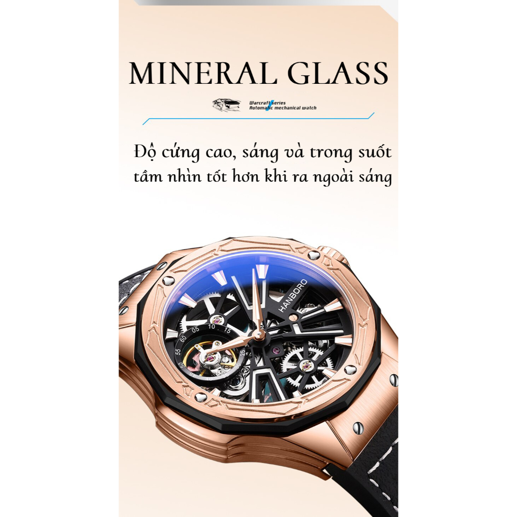 Đồng Hồ Nam Hanboro HBR 918 Rose Gold - Dây Da Lót Cao Su , Máy Automatic , Size 44mm
