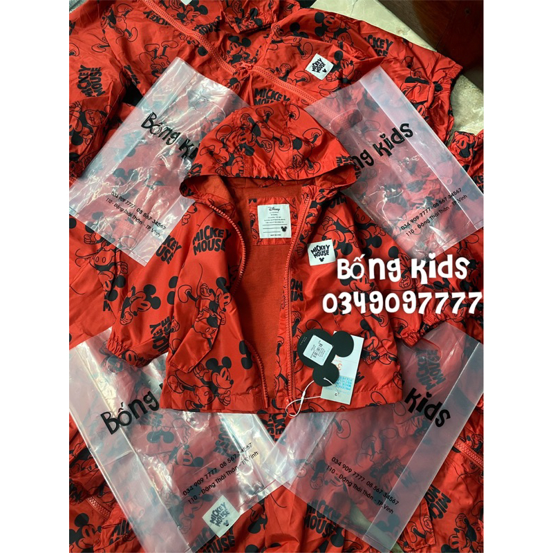 Áo Khoác Gió Hoodie Bé Trai & Bé Gái Mickey Đỏ Cam PR