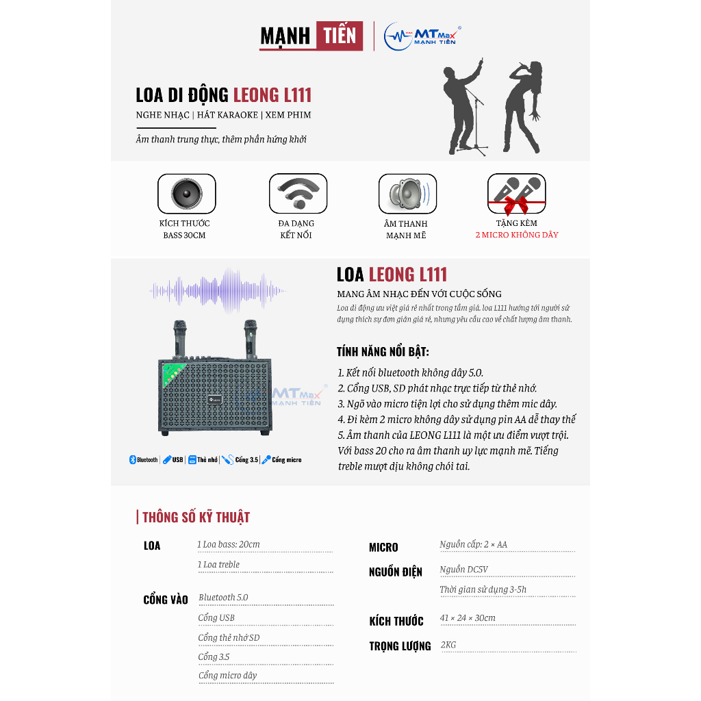 Siêu Phẩm Loa Karaoke LEONG L111, Bass 20 Âm Thanh Trung Thực Đa Dạng Kết Nối BT, AUX, USB, TF Tặng Bao Đựng Micro