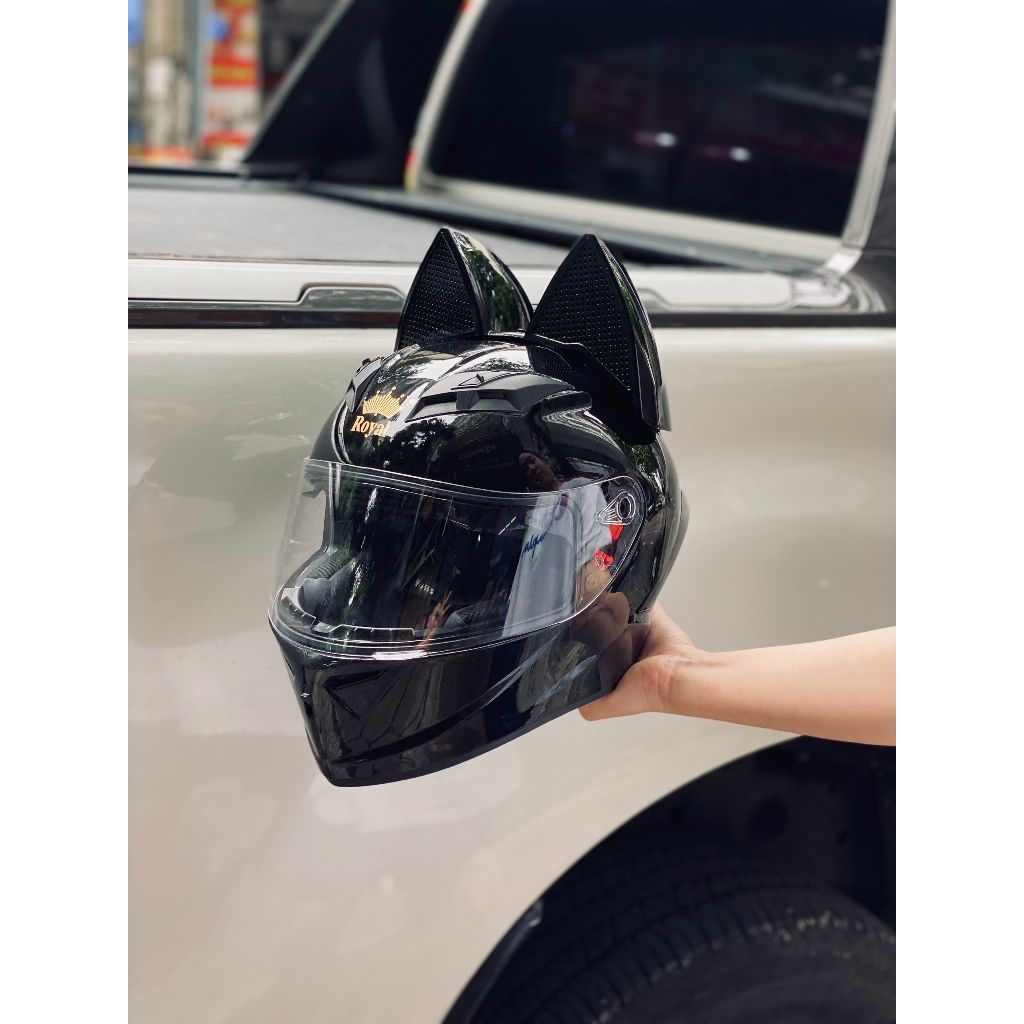 Mũ bảo hiểm Royal M266 đen + Tai mèo to gắn mũ, tặng kíh trắng khi đặt mũ kíh màu vàng, đen 7màu