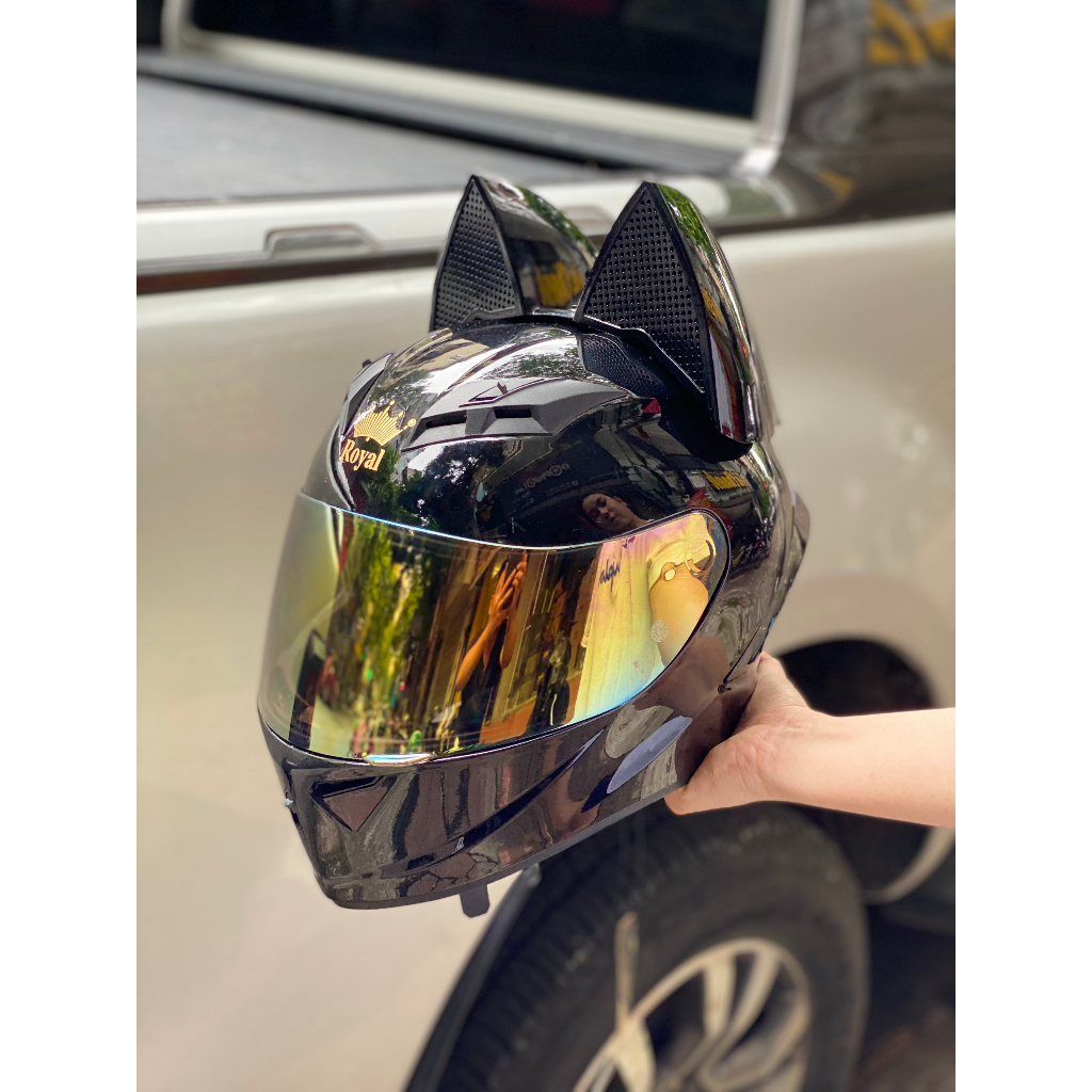 Mũ bảo hiểm Royal M266 đen + Tai mèo to gắn mũ, tặng kíh trắng khi đặt mũ kíh màu vàng, đen 7màu