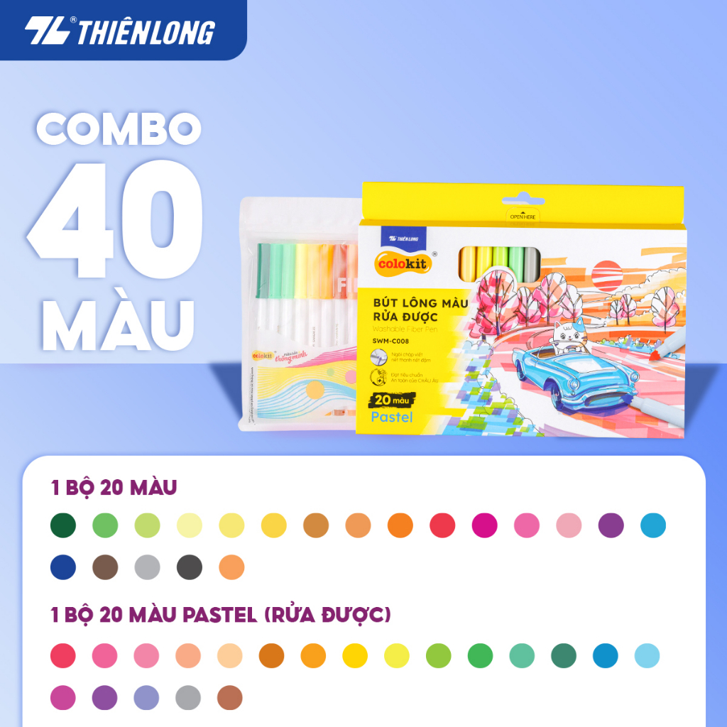 Bút lông màu Fiber Pen Thiên Long Colokit - Combo 40/56/76 cây, ngòi cao cấp, dễ dàng rửa sạch, an toàn cho trẻ em