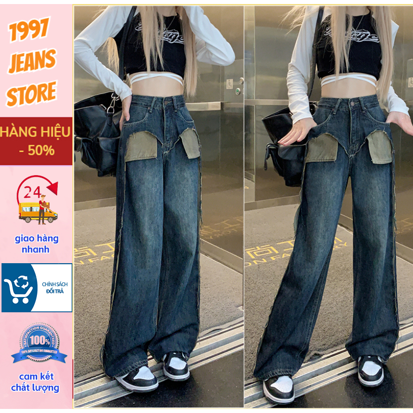 K262-Quần jean ống rộng nữ cạp cao túi trước vá quần bò jean nữ ống rộng lưng cao lòi túi màu xanh đậm phong cách Hàn QU
