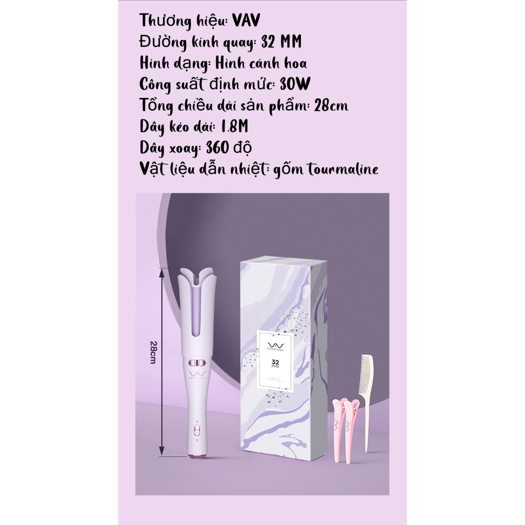 Hình cánh hoa 32 mm Máy uốn tóc tự động có ion âm bảo vệ tóc hàng chính hãng VAV mẫu mới 2023 NEW VAV 022D