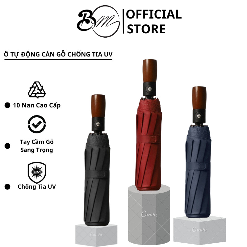 Ô Dù Tự Động Chống UV Chống Lật Khung Xương Hợp Kim 10 Nan Chắc Chắn, Cán Gỗ Kim Loại Sang Trọng SP41233244 (Ô CÁN GỖ)
