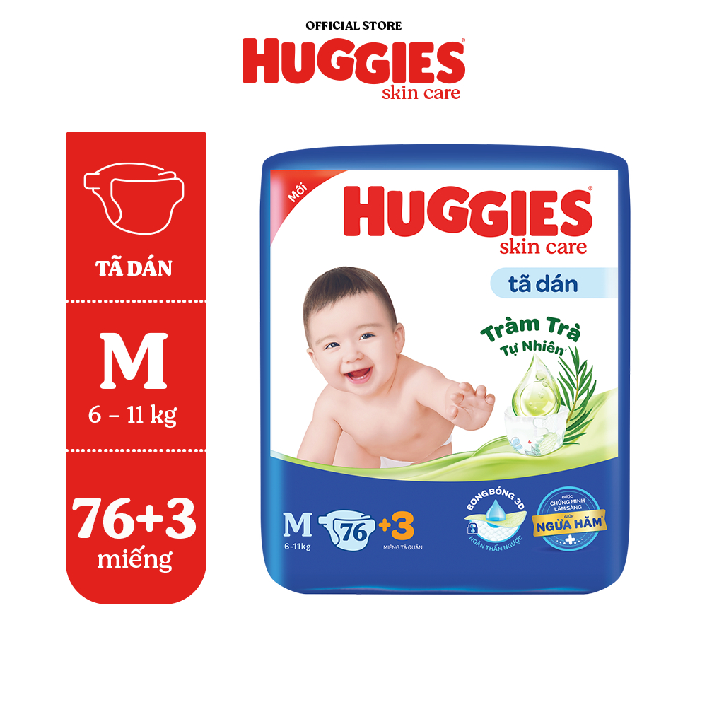 Tã/bỉm dán Huggies Skincare Super Jumbo M76/L68/XL60/XXL54 [Tặng 3M tã quần cho size M76]