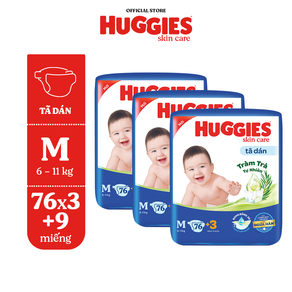 Combo 3 Tã/bỉm dán Huggies Skincare Super Jumbo M76+3/L68/XL60/XXL54