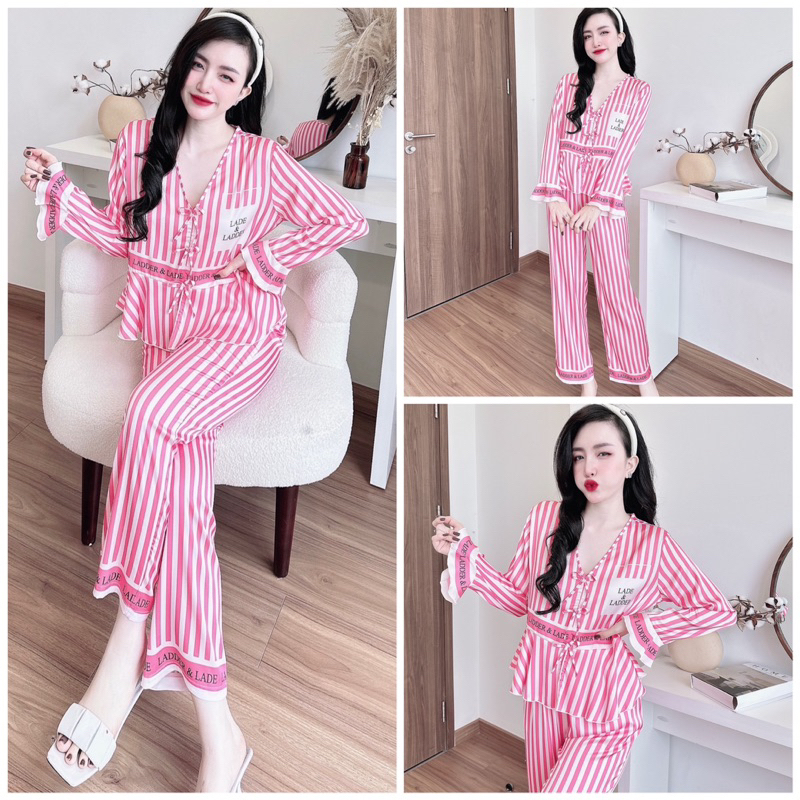 SP_127 Đồ bộ pijama BOLOBALA mặc nhà quần dài áo tay cánh tiên đính 3 nơ chất lụa latin hoạ tiết mới
