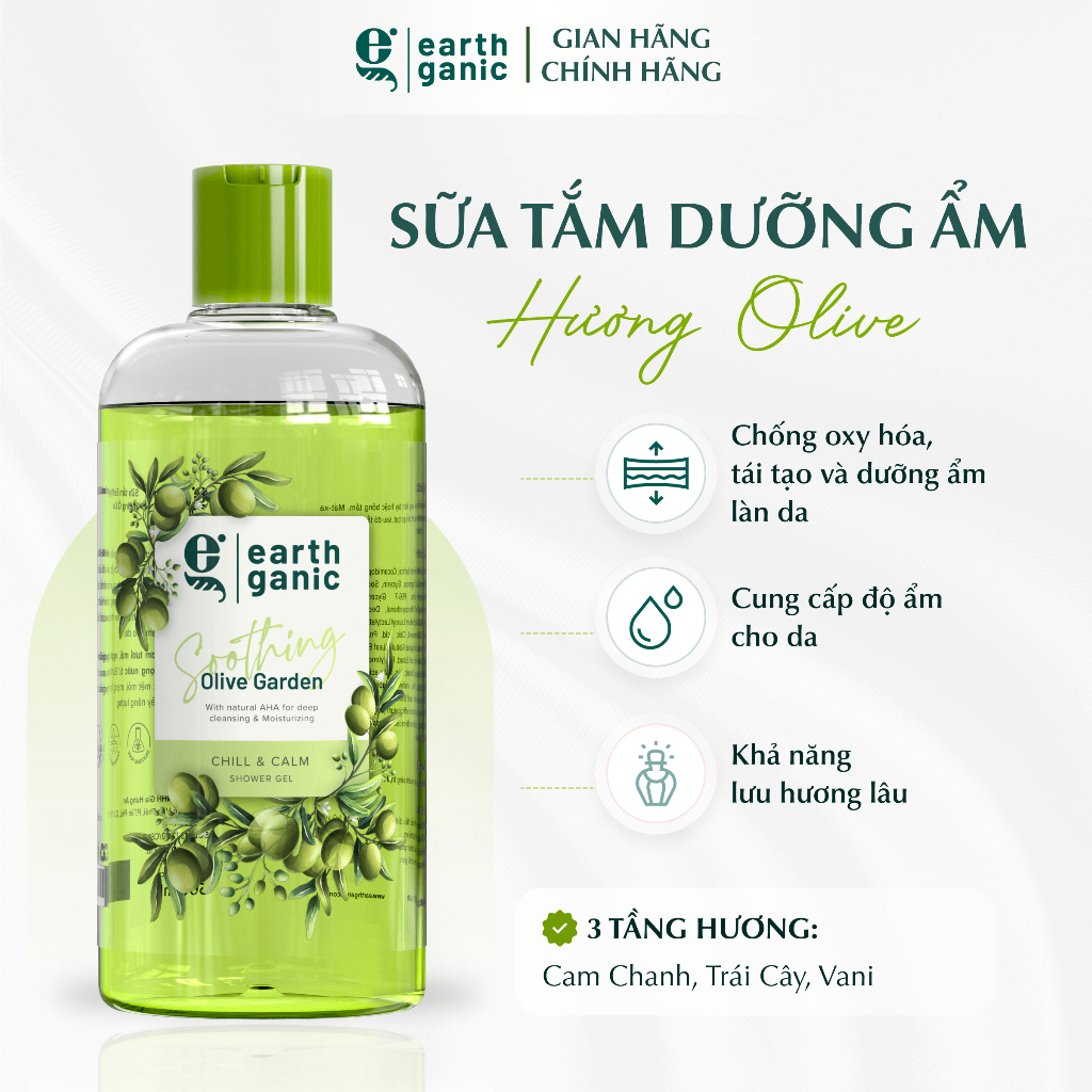 Sữa Tắm Thiên Nhiên Earthganic Hương Ô-liu Cấp Ẩm Làm Sạch Sâu Với AHA Từ Trái Cây 500ml