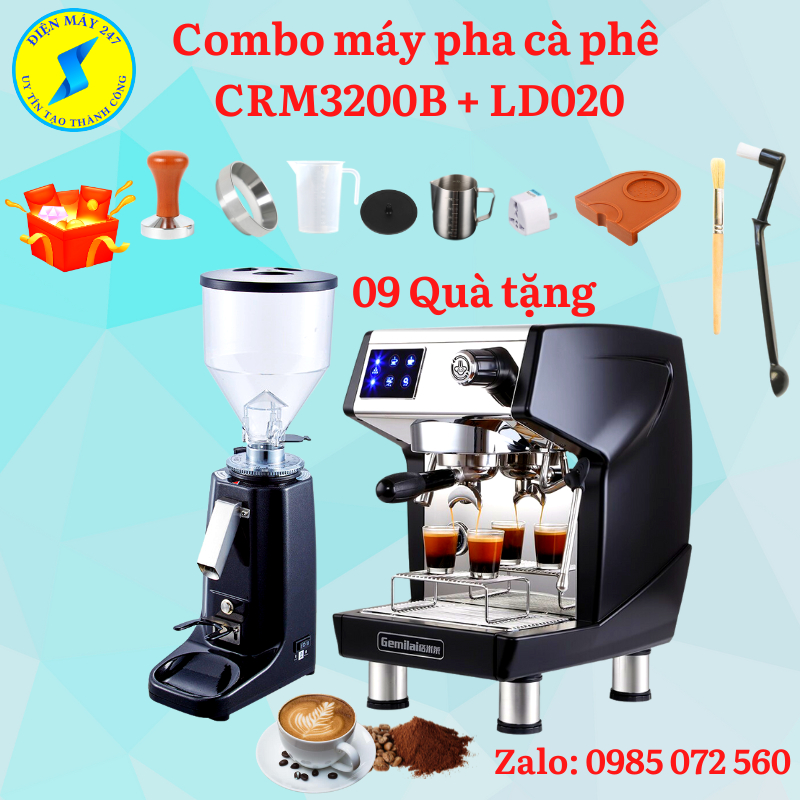 COMBO Máy pha cà phê Gemilai CRM3200B và máy xay cà phê LD 020 - Dùng cho quán - Chuẩn vị Espresso - Mới 100%