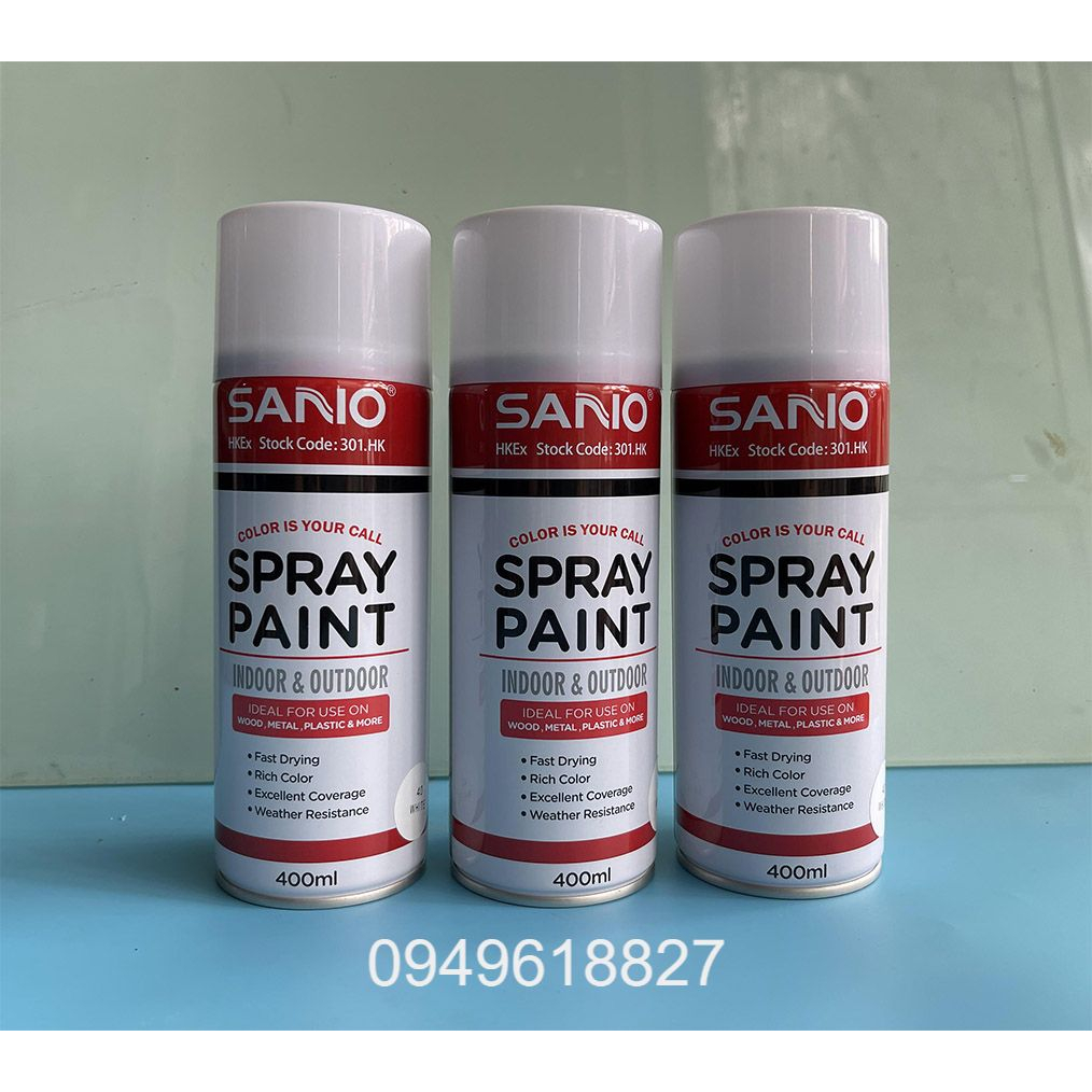 Sơn xịt SANO Trắng Bóng chai 400ml màu trắng mịn đẹp, độ phủ cao, nhanh khô bền màu