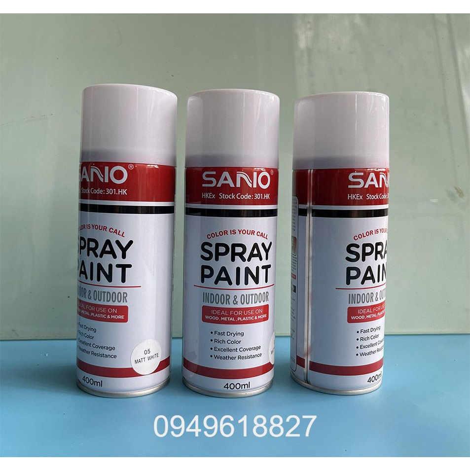 Sơn xịt SANO màu Trắng Mờ chai 400ml màu mờ đẹp nhanh khô phủ cao và bền màu