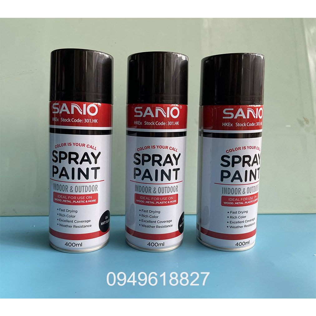 Sơn xịt SANO màu Đen Bóng chai 400ml phủ màu cao, nhanh khô, bền màu