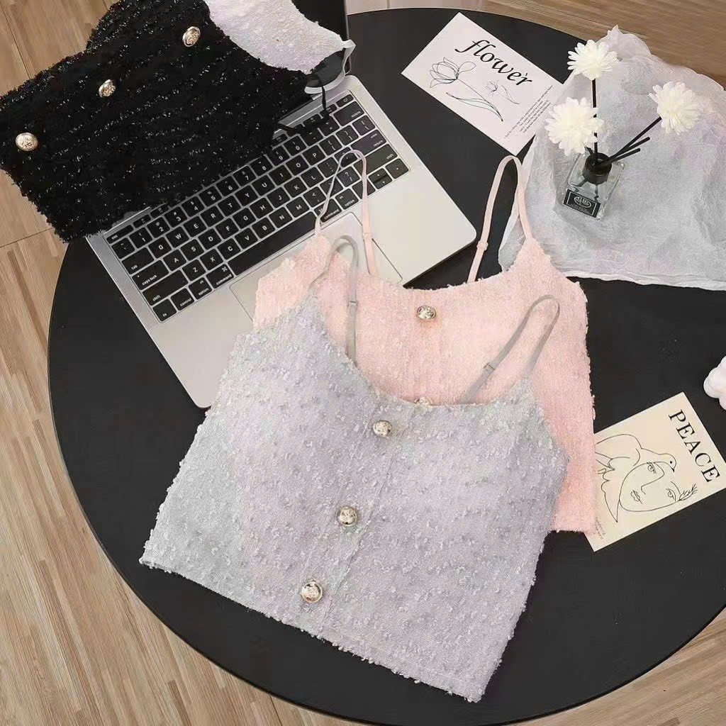 Áo croptop hai dây bo lưng đính nút chất kim tuyến siêu xinh lp067