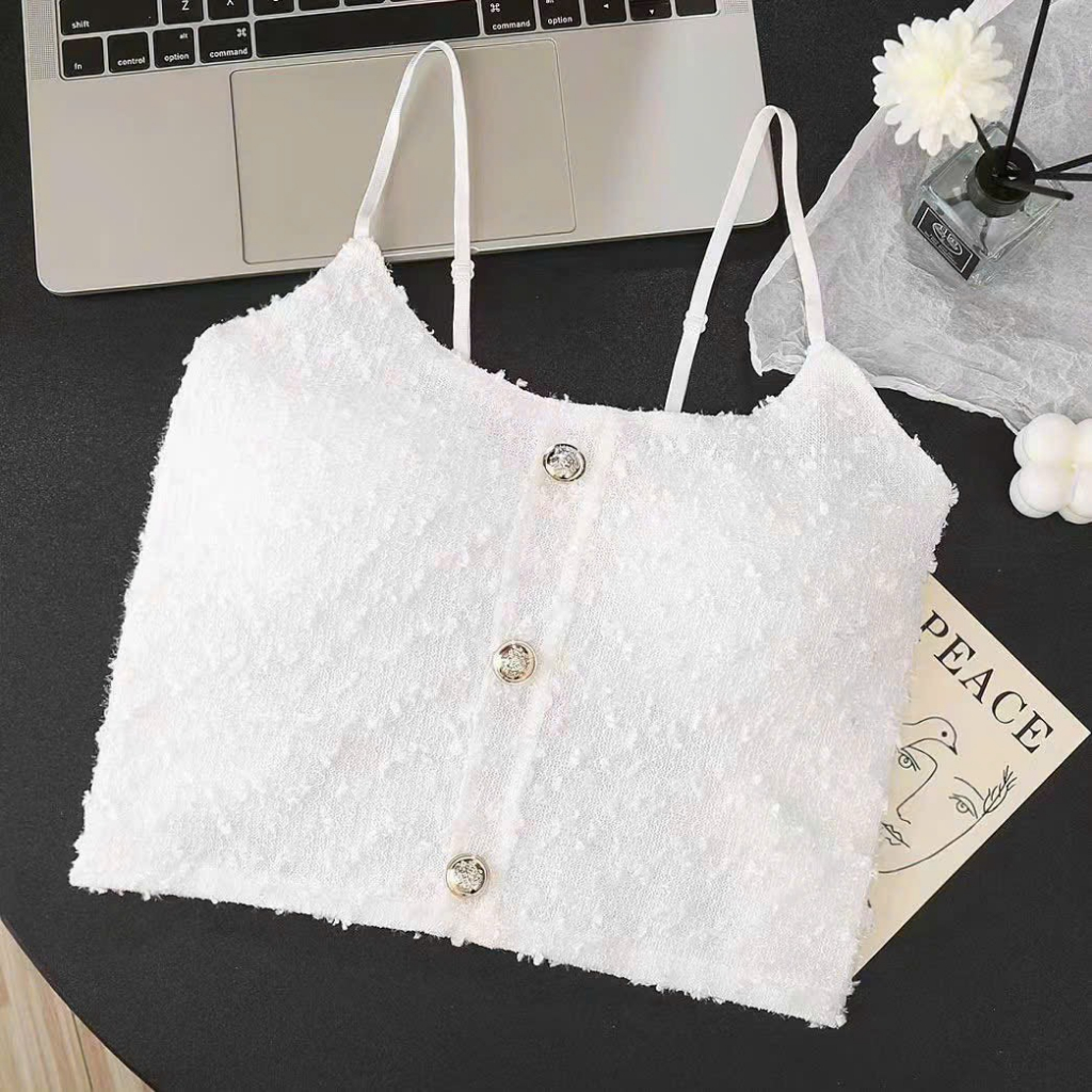 Áo croptop hai dây bo lưng đính nút chất kim tuyến siêu xinh lp067