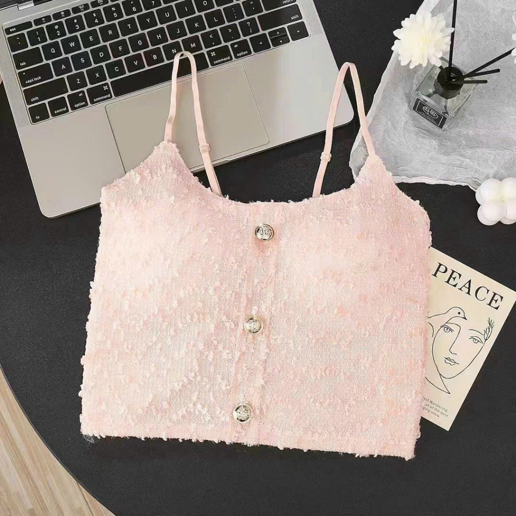 Áo croptop hai dây bo lưng đính nút chất kim tuyến siêu xinh lp067